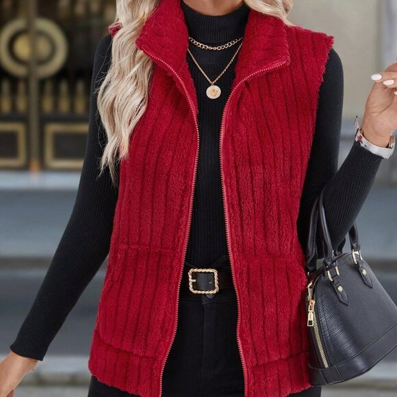 Red Casual Women's Zip Closure Vest Jacket - Picture 4 of 7